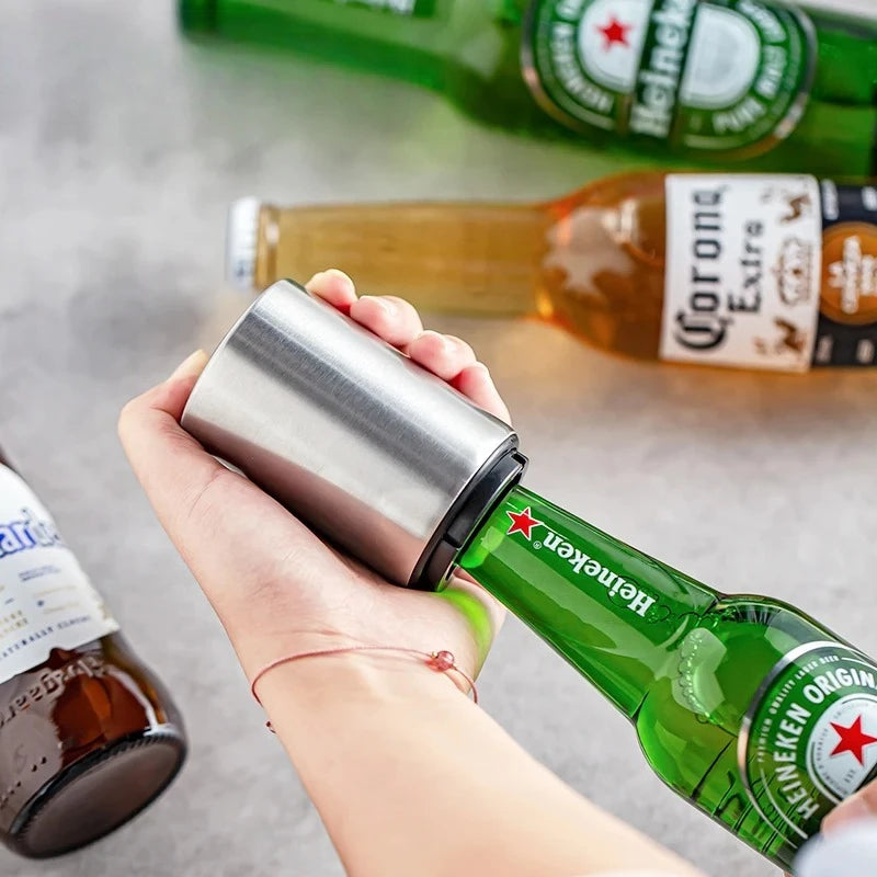 Effortlessly Open Your Favorite Beverages with the Automatic Stainless Steel Beer Bottle Opener - Magnetic Push-Down Design for Quick and Easy Access