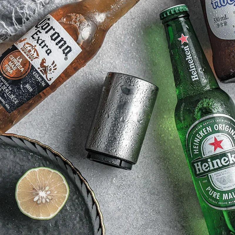 Effortlessly Open Your Favorite Beverages with the Automatic Stainless Steel Beer Bottle Opener - Magnetic Push-Down Design for Quick and Easy Access