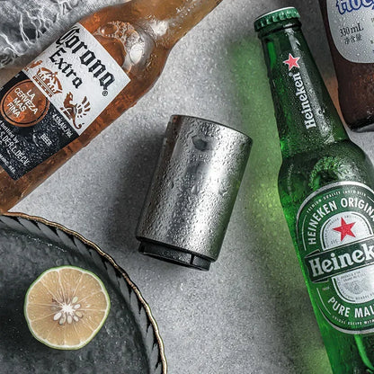 Effortlessly Open Your Favorite Beverages with the Automatic Stainless Steel Beer Bottle Opener - Magnetic Push-Down Design for Quick and Easy Access