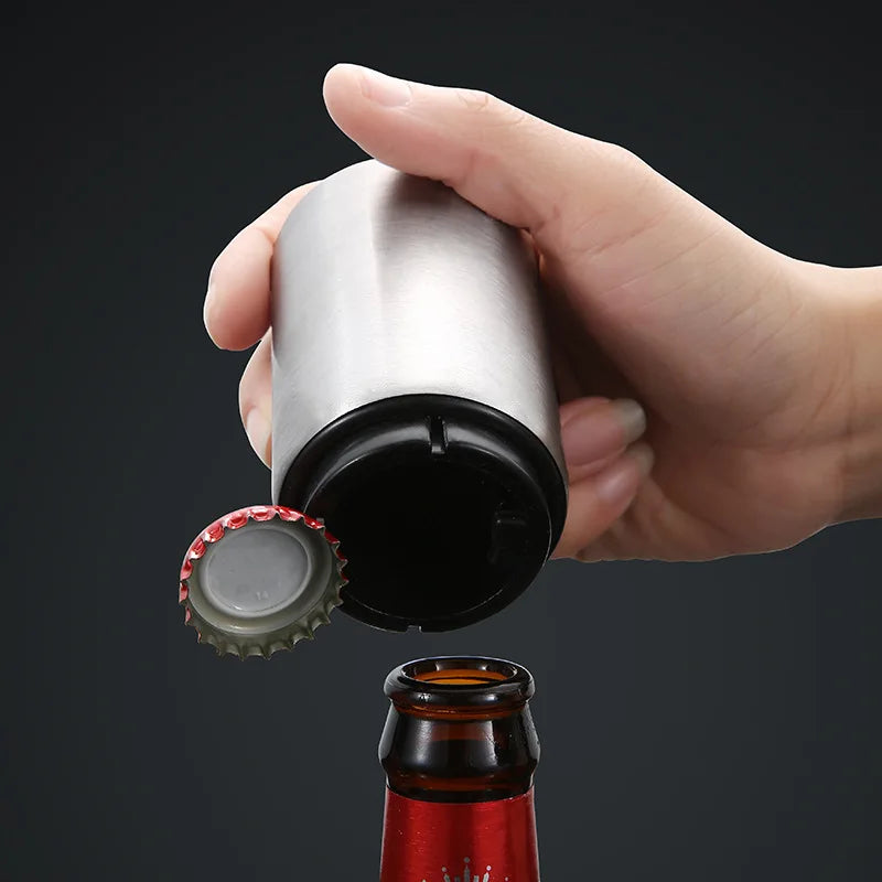 Effortlessly Open Your Favorite Beverages with the Automatic Stainless Steel Beer Bottle Opener - Magnetic Push-Down Design for Quick and Easy Access