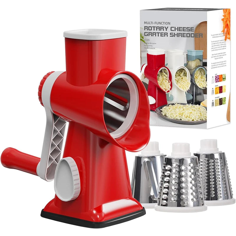 3-in-1 Rotary Cheese Grater and Manual Vegetable Slicer with Nut Grinder