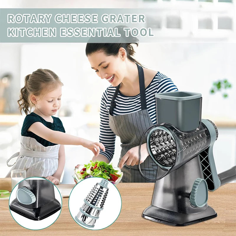 3-in-1 Rotary Cheese Grater and Manual Vegetable Slicer with Nut Grinder
